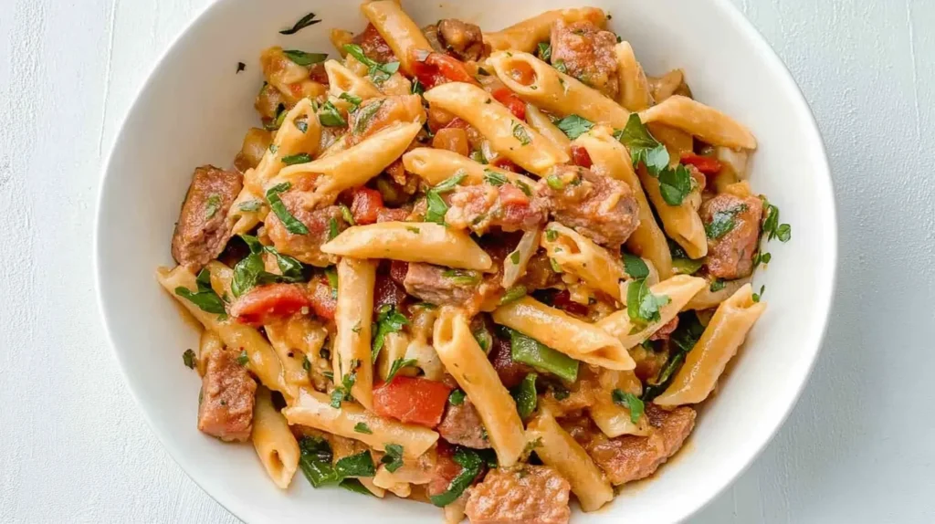 A delicious serving of pastalaya with creamy sauce and Cajun-seasoned chicken.