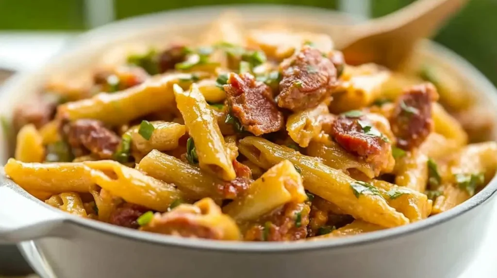 A close-up of a flavorful pastalaya dish with tender pasta, chicken, and smoked sausage.