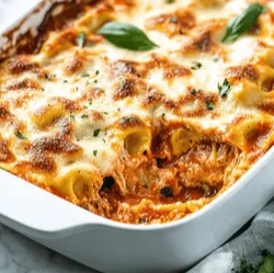 Baked pasta dish with melted cheese and tomato sauce in a white casserole dish
