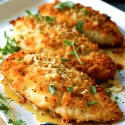 Baked Parmesan chicken on a white plate with herbs.
