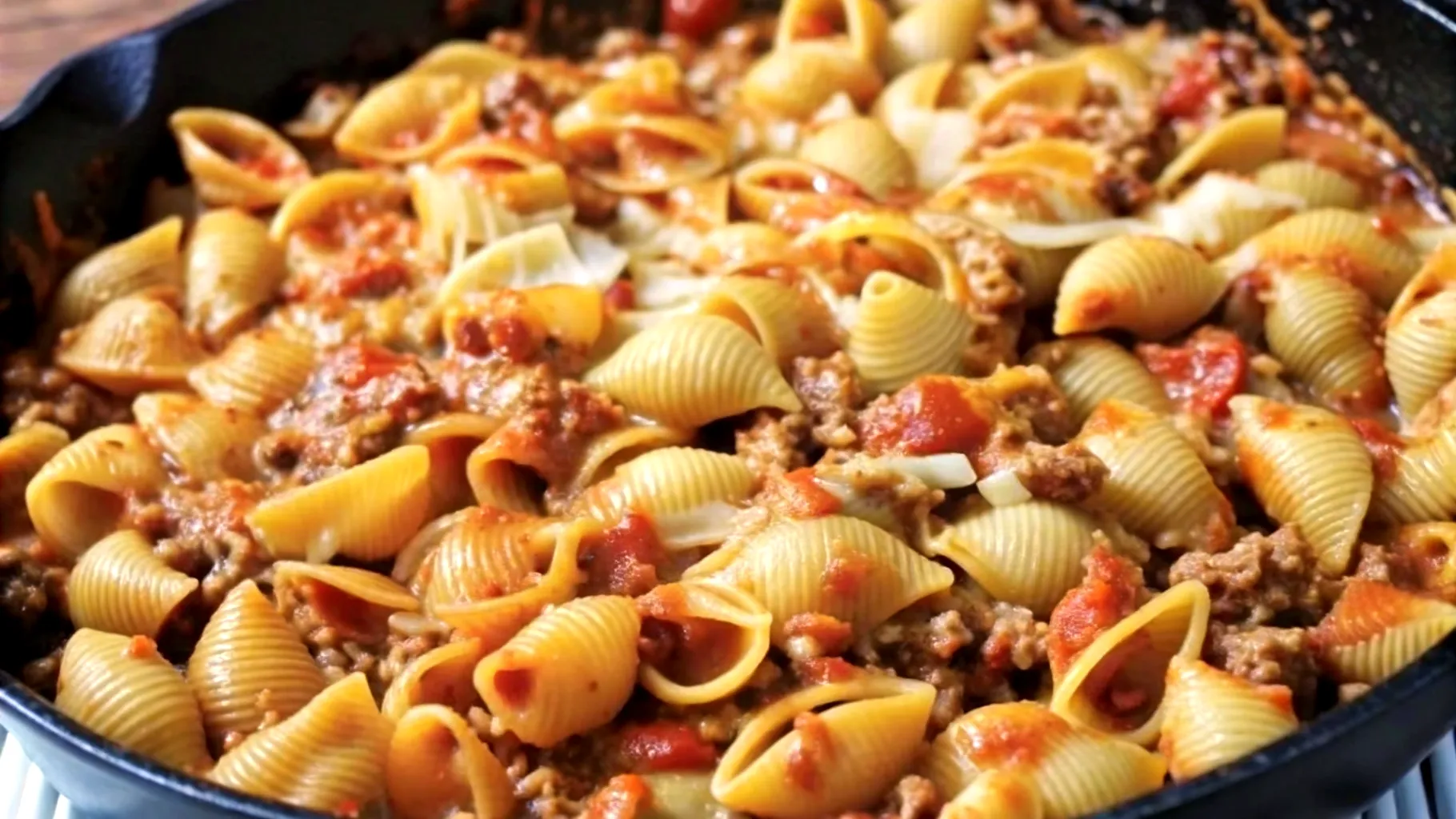 Close-up of cheesy ground beef pasta with a creamy, cheesy texture and savory beef in a rich tomato sauce.