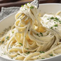 Pasta with creamy white sauce and herbs in a white bowl