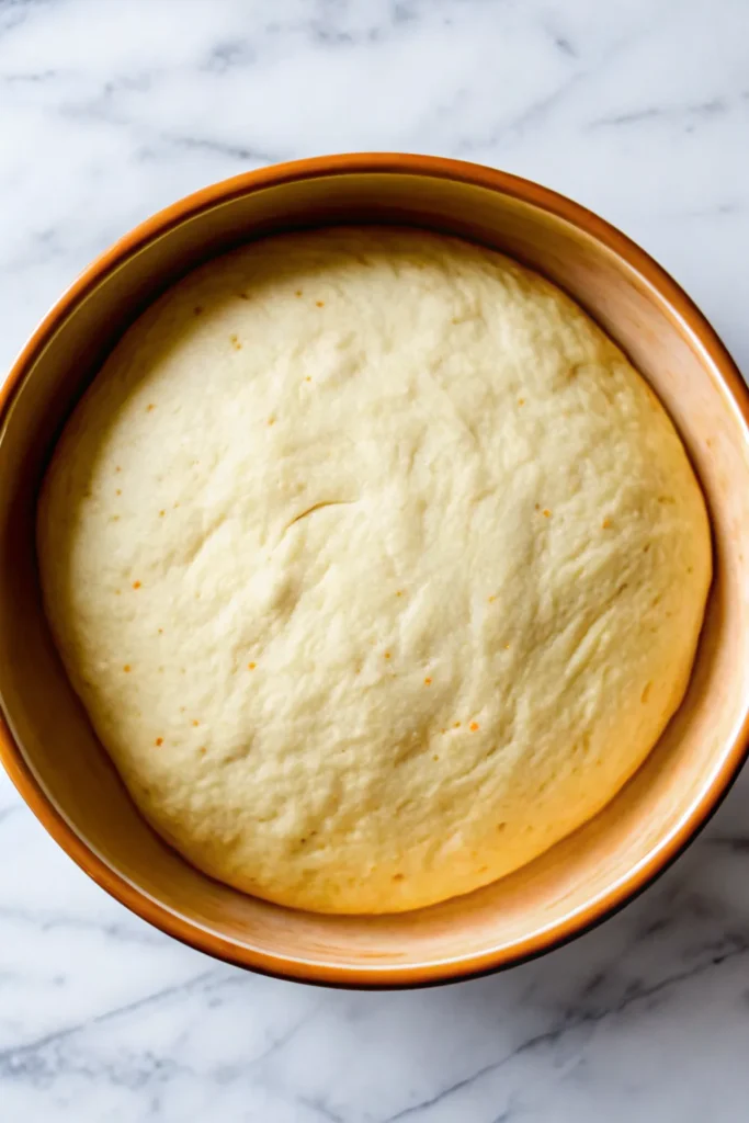 Risen Bombolini dough in a round bowl