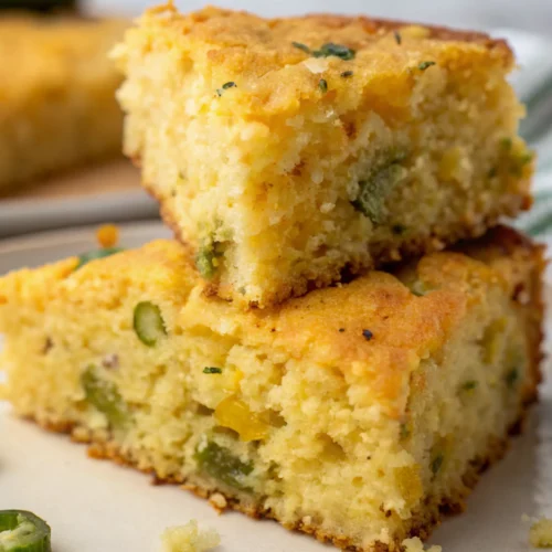 Two pieces of jalapeño cheddar cornbread on a white plate with visible green jalapeño pieces and yellow corn kernels