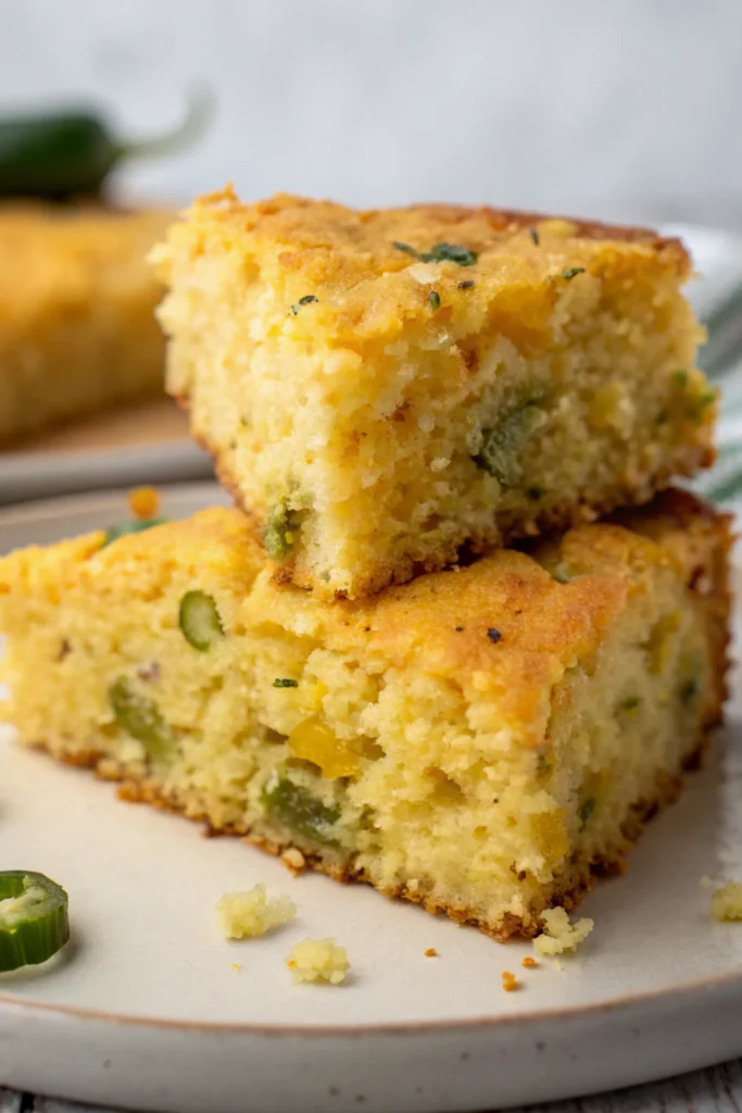 Two pieces of jalapeño cheddar cornbread on a white plate with visible green jalapeño pieces and yellow corn kernels