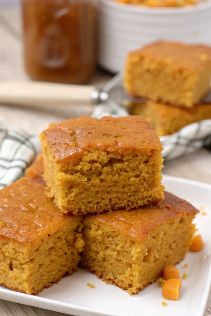 Stack of three sweet potato cornbread squares on a white plate with honey jar in background