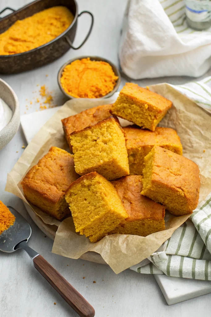 Cut squares of sweet potato cornbread with fresh sweet potato puree in background