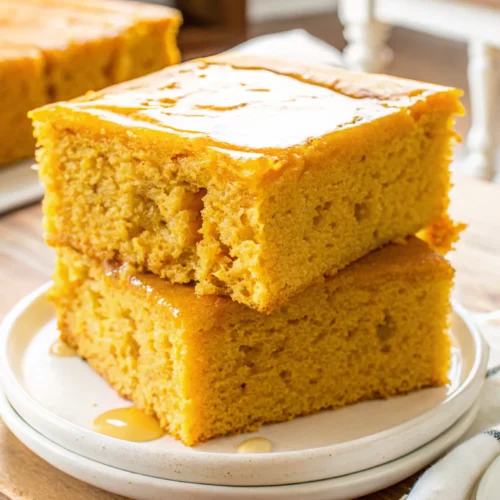Two squares of moist sweet potato cornbread stacked on a white plate with honey drizzled on top