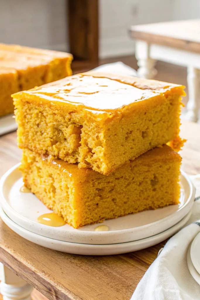 Two squares of moist sweet potato cornbread stacked on a white plate with honey drizzled on top